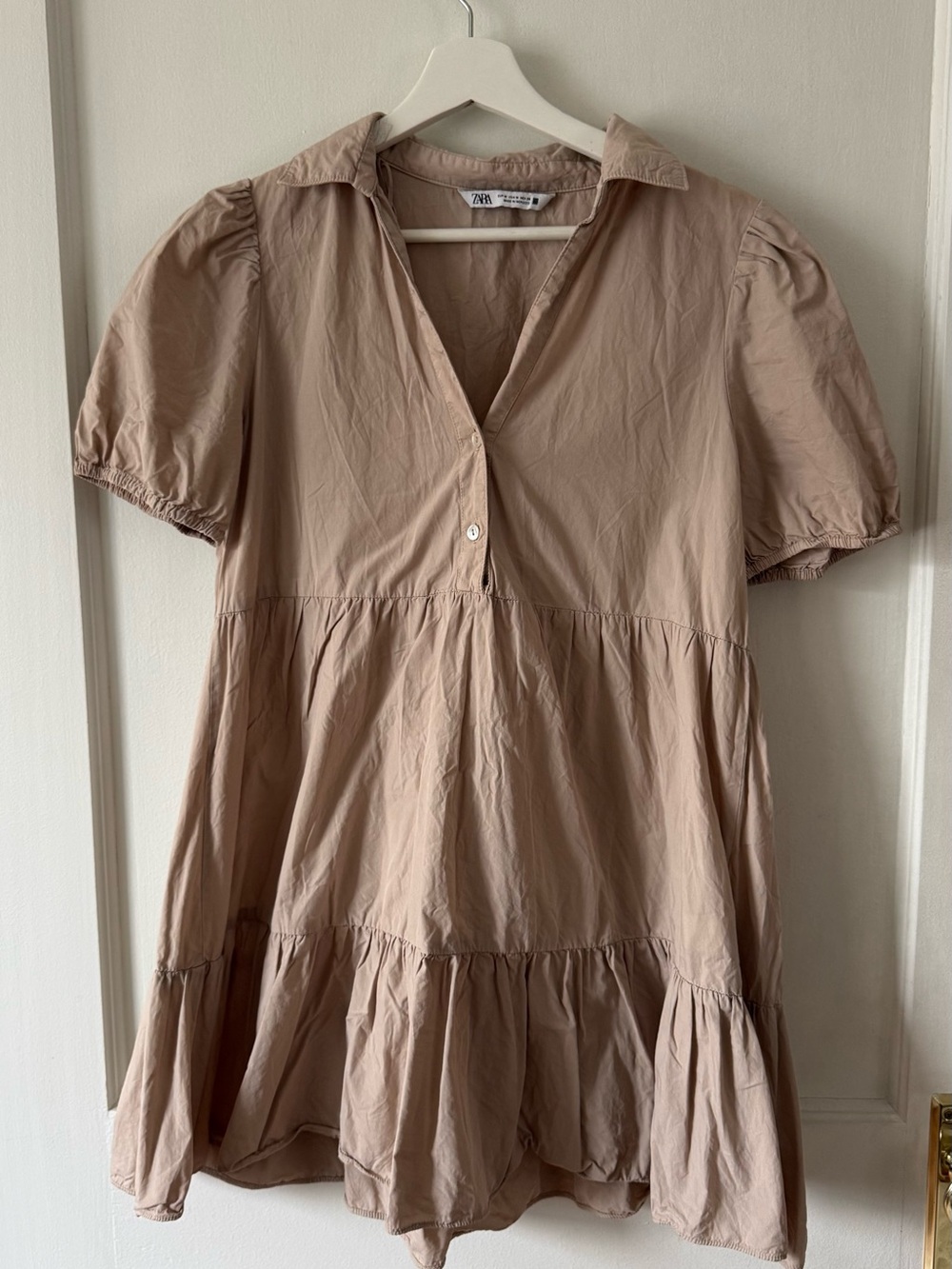 Zara Beige Tiered Puff-Sleeve Babydoll Dress